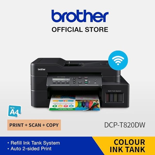 Brother DCP-T820DW Printer - Auto Duplex Printing, Print, Scan, Copy, ADF, WiFi/LAN/USB, Print Up To 15K Pages In Black And 5K In Color Each For (CMY), Get An Extra Black Ink Bottle, Free Installation