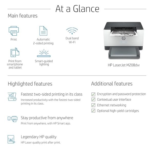 HP Laserjet M208dw Printer, Wireless, Single Function, Print, Hi-Speed USB 2.0, Ethernet, Bluetooth LE, Up to 30 ppm, 150-sheet Input Tray, 100-sheet Output Tray, Black and White, 6GW64A