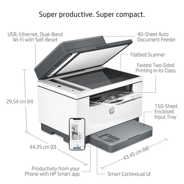 HP Laserjet MFP M233sdw Printer: Print, Copy, Scan Multiple Page with ADF, Fastest Two-Sided Printing, Lightning Print Speed of 30ppm(Letter/29ppm(A4), Ethernet, Self Reset Dual Band WiFi, Gray White