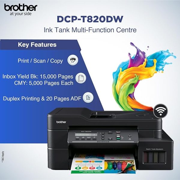 Brother DCP-T820DW Printer - Auto Duplex Printing, Print, Scan, Copy, ADF, WiFi/LAN/USB, Print Up To 15K Pages In Black And 5K In Color Each For (CMY), Get An Extra Black Ink Bottle, Free Installation