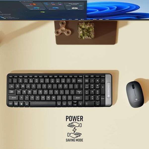 ZEBRONICS Companion 104 2.4GHz Wireless Keyboard & Mouse Combo, 100 Keys, Laser Printed Keycaps, Integrated Multimedia Keys, 3 Button Mouse, 1200 DPI, High Precision, Advanced Optical Sensor (Grey)