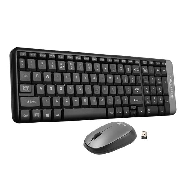 ZEBRONICS Companion 104 2.4GHz Wireless Keyboard & Mouse Combo, 100 Keys, Laser Printed Keycaps, Integrated Multimedia Keys, 3 Button Mouse, 1200 DPI, High Precision, Advanced Optical Sensor (Grey)