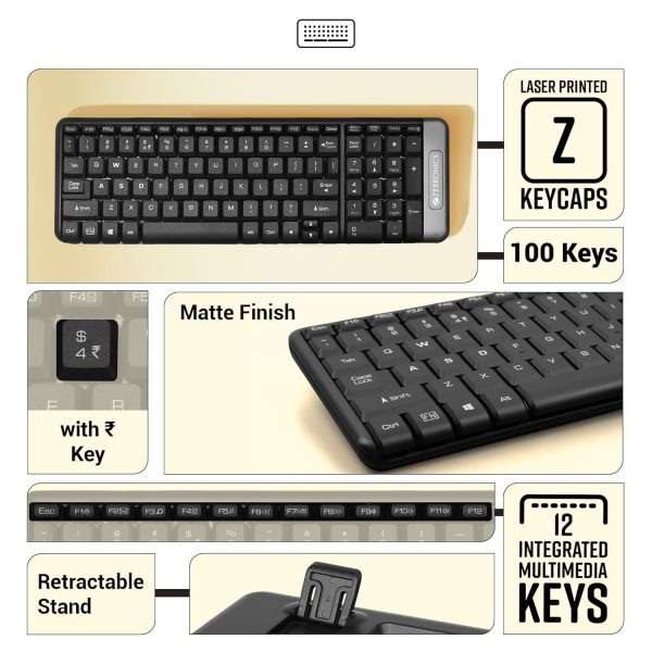 ZEBRONICS Companion 104 2.4GHz Wireless Keyboard & Mouse Combo, 100 Keys, Laser Printed Keycaps, Integrated Multimedia Keys, 3 Button Mouse, 1200 DPI, High Precision, Advanced Optical Sensor (Grey)