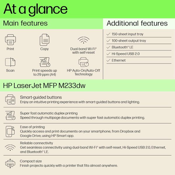 HP Laserjet MFP M233dw Printer, Wireless, Print, Copy, Scan, Hi-Speed USB 2.0, Ethernet, Bluetooth LE, Up to 30 ppm, 150-sheet Input Tray, Auto Duplex Printing, Black and White, 6GX04A