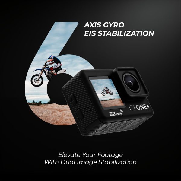 IZI ONE Plus 5K 48MP Action Camera - 6-Axis Gyro Stabilization, 110ft Waterproof, Vlogging, 170° FOV, WiFi, Dual Touch Screen Video Camera, 2X 1350mAh Batteries, Fast C-Type Charge HQ External Mic.