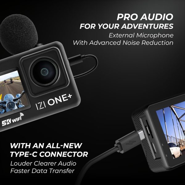 IZI ONE Plus 5K 48MP Action Camera - 6-Axis Gyro Stabilization, 110ft Waterproof, Vlogging, 170° FOV, WiFi, Dual Touch Screen Video Camera, 2X 1350mAh Batteries, Fast C-Type Charge HQ External Mic.