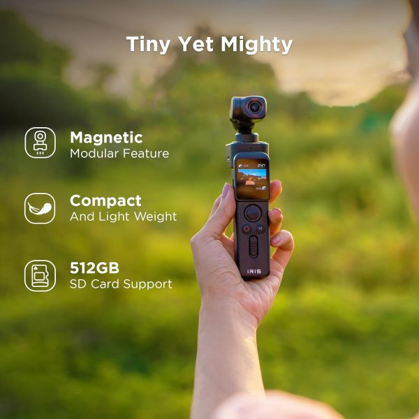 IZI IRIS Pocket 4K Vlogging Camera - with Dual AMOLED Display 1/1.3" CMOS Sensor, 3-Axis Gimbal Stabilizer, AI Tracking, 512GB Support, 160-Min Battery, Best Video Camera for Youtubers & Instagram