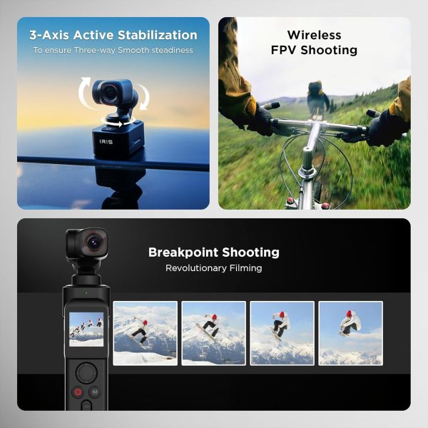 IZI IRIS Pocket 4K Vlogging Camera - with Dual AMOLED Display 1/1.3" CMOS Sensor, 3-Axis Gimbal Stabilizer, AI Tracking, 512GB Support, 160-Min Battery, Best Video Camera for Youtubers & Instagram