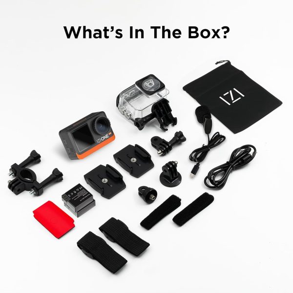 IZI One Lite 5K Action Camera - 4K 60FPS 50MP Ultra HD Action Cam, Dual Screen, EIS Stabilization, 170° Wide Angle, 30M Waterproof, 2-Battery - 180 mins Action, 256GB SD Card Support Action Camera.