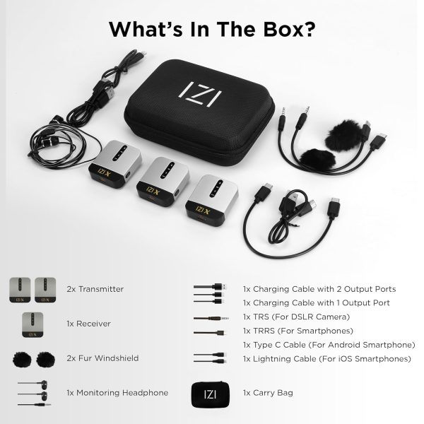 IZI X Dual Channel Wireless Microphone, 360° Omnidirectional, 120M Range, 16Hr Playback, Active Noise Cancellation, Fast Charging, DSLR & Android/iOS Compatible, Ideal for Vlogging