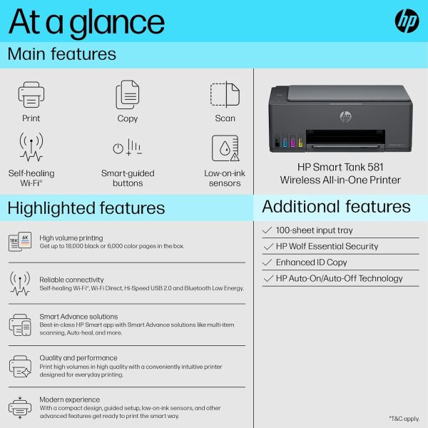 HP Smart Tank 581 All-in-one WiFi Colour Printer with 2 Extra Black Ink Bottles(Upto 12000 Black and 6000 Colour Prints)and 1 Year Extended Warranty with PHA Coverage.Print,Scan &Copy for Office/Home