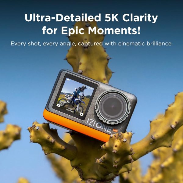 IZI One Lite 5K Action Camera - 4K 60FPS 50MP Ultra HD Action Cam, Dual Screen, EIS Stabilization, 170° Wide Angle, 30M Waterproof, 2-Battery - 180 mins Action, 256GB SD Card Support Action Camera.