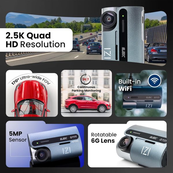 IZI N700 5MP Car Dash Camera - 2.5K, 170° FOV, Night Vision, WiFi, G-Sensor, Emergency Recording, 512GB SD Card Support, 24/7 Parking Monitor, Easy Install, Multiple Modes