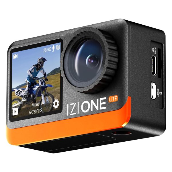 IZI One Lite 5K Action Camera - 4K 60FPS 50MP Ultra HD Action Cam, Dual Screen, EIS Stabilization, 170° Wide Angle, 30M Waterproof, 2-Battery - 180 mins Action, 256GB SD Card Support Action Camera.