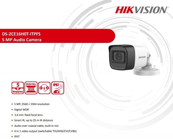 HIKVISION 5 MP Outdoor Bullet CCTV Ethernet Camera with inbuilt Audio Mic IP67 DS-2CE16H0T-ITPFS + BNC/DC, 1080p White