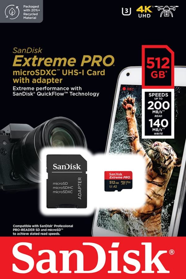 SanDisk Extreme Pro 512GB microSDXC UHS-I, V30, 200MB/s Read, 140MB/s Write, Memory Card for 4K Video on Smartphones, Action Cams and Drones