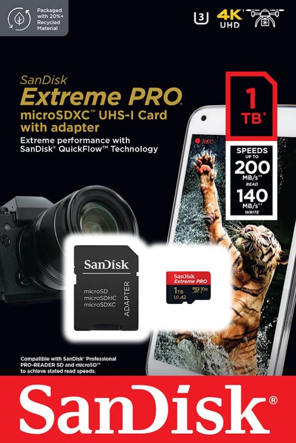 SanDisk Extreme Pro 1TB microSDXC UHS-I, V30, 200MB/s Read, 140MB/s Write, Memory Card for 4K Video on Smartphones, Action Cams and Drones