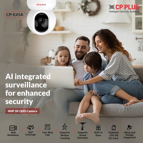 CP PLUS 4MP Quad HD Smart Wi-fi CCTV Camera | 2-Way Talk | 360° Pan & Tilt | Built-in Siren| Echo Cacellation Mode| Suports Sound Detection | IR Distance 15Mtr | SD Card (Up to 256 GB) | CP-E45A