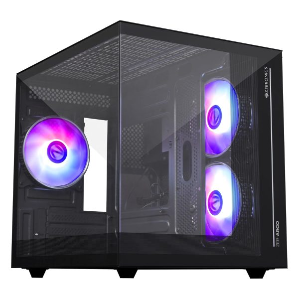 ZEBRONICS Argo Cube Form Factor Gaming Cabinet with Micro ATX, ITX, 2X 120mm Side + 120mm Rear Fan (ARGB Inner Glow), Tempered Glass Front & Side Panel, Type C(Black)