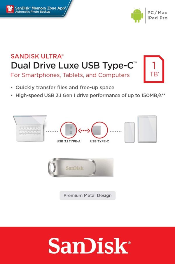 SanDisk Ultra Dual Drive Luxe Type-C 1TB, OTG, Upto 400MB/s, Pendrive, Silver, 5Y Warranty (SDDDC4-1T00-I35)