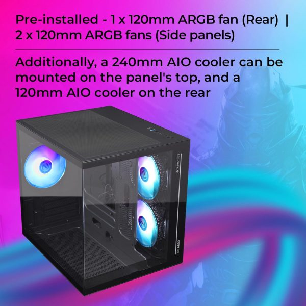 ZEBRONICS Argo Cube Form Factor Gaming Cabinet with Micro ATX, ITX, 2X 120mm Side + 120mm Rear Fan (ARGB Inner Glow), Tempered Glass Front & Side Panel, Type C(Black)