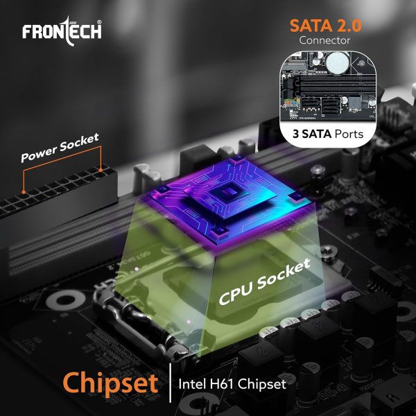 FRONTECH H61 Chipset Motherboard with 2xDDR3 RAM Slots LGA1155 Supports i3/i5/i7 Processors | 6+4 USB Ports | PCIe 16x | 3xSATA Slots | 1xHDMI, 1xVGA, (FT-0487)