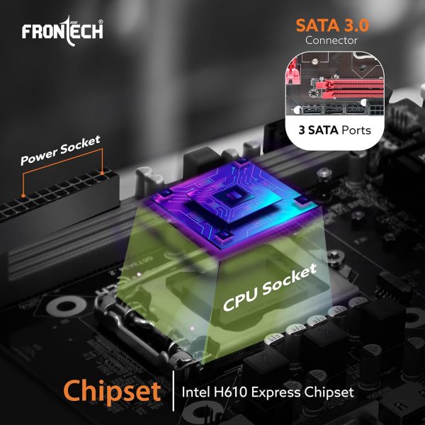 FRONTECH Premium Micro-ATX Motherboard with H610 Express Chipset - Supports 10th Gen CPUs (LGA 700) - DDR4 3200 Memory, Realtek Audio, and M.2 Connectivity (FT-0485)