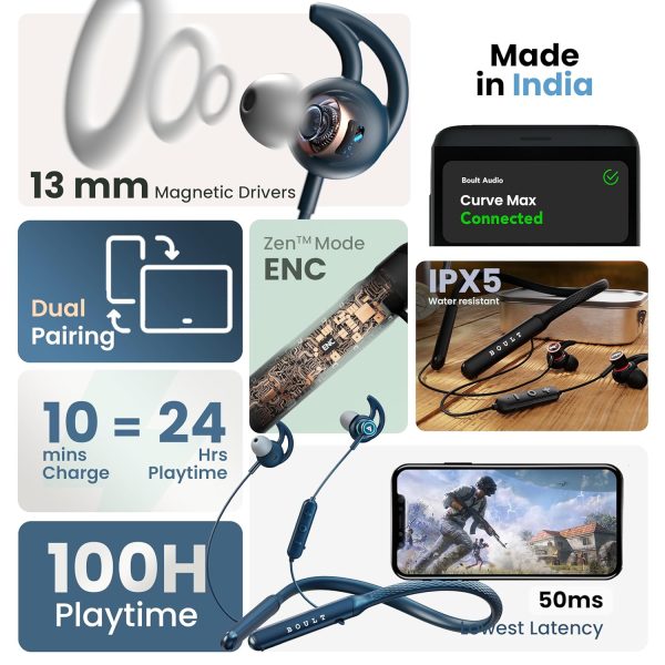 Boult Audio Curve Max Bluetooth Earphones with 100H Playtime, Clear Calling ENC Mic, Dual Device Connectivity, Lowest Latency Gaming, 13mm Bass Driver, Made in India Neckband Wireless Earphone (Black)