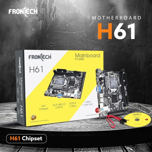 FRONTECH H61 Chipset Motherboard with 2xDDR3 RAM Slots LGA1155 Supports i3/i5/i7 Processors | 6+4 USB Ports | PCIe 16x | 3xSATA Slots | 1xHDMI, 1xVGA, (FT-0487)
