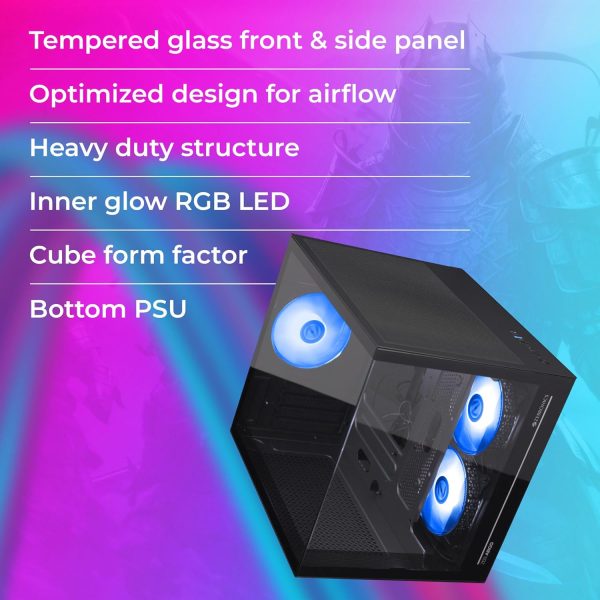 ZEBRONICS Argo Cube Form Factor Gaming Cabinet with Micro ATX, ITX, 2X 120mm Side + 120mm Rear Fan (ARGB Inner Glow), Tempered Glass Front & Side Panel, Type C(Black)