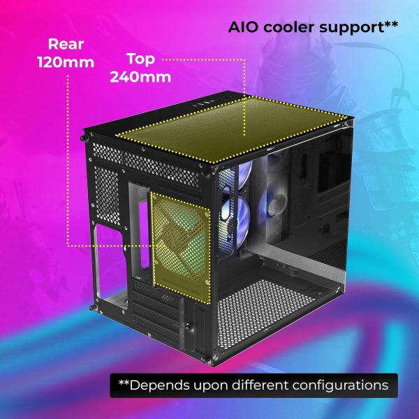 ZEBRONICS Argo Cube Form Factor Gaming Cabinet with Micro ATX, ITX, 2X 120mm Side + 120mm Rear Fan (ARGB Inner Glow), Tempered Glass Front & Side Panel, Type C(Black)