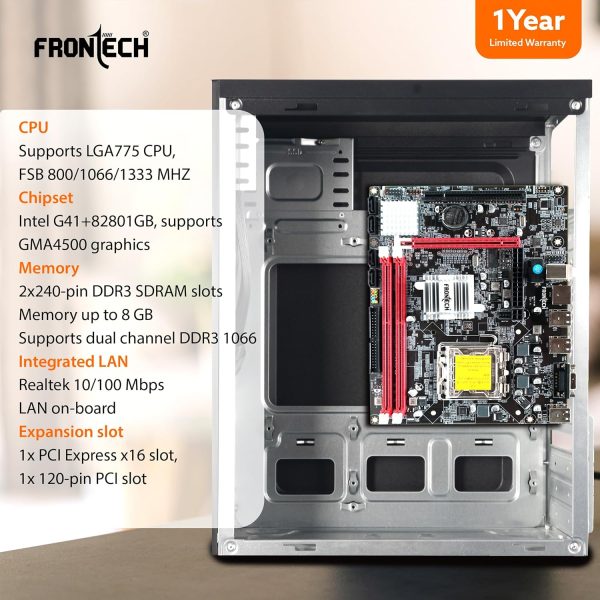FRONTECH G41 Chipset Motherboard with 2xDDR3 RAM Slots LGA775 Supports Core 2 Quad/Core 2 Extreme/Duo/Pentium/Celeron Processors|6+2 USB Ports|PCIe 16x|4xSATA Slots |1xVGA (FT-0464)