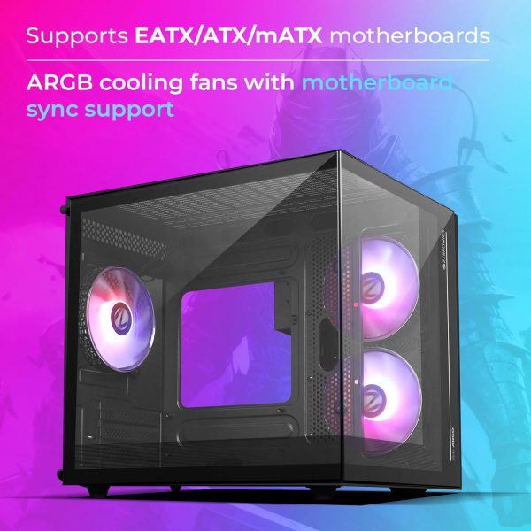 ZEBRONICS Argo Cube Form Factor Gaming Cabinet with Micro ATX, ITX, 2X 120mm Side + 120mm Rear Fan (ARGB Inner Glow), Tempered Glass Front & Side Panel, Type C(Black)