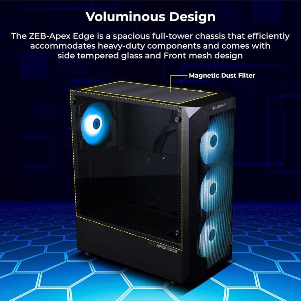 ZEBRONICS APEX Edge Premium Mesh Gaming Cabinet/Case, Full-Tower, Supports E-ATX | ATX | mATX | ITX, AIO Upto 360mm, 4X Inner Glow ARGB Fans, Tempered Glass, USB 3.0, Magnetic Dust Filter