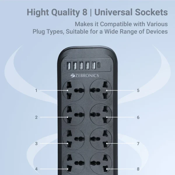 Zebronics Power Bar 282 (8 x 3-pin socket, 5 x USB ports, 1 x Type-C) Extension Cord / Strip