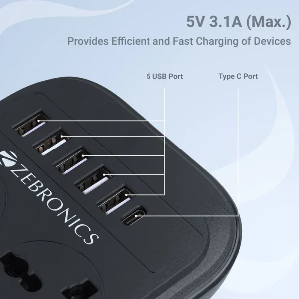 Zebronics Power Bar 282 (8 x 3-pin socket, 5 x USB ports, 1 x Type-C) Extension Cord / Strip