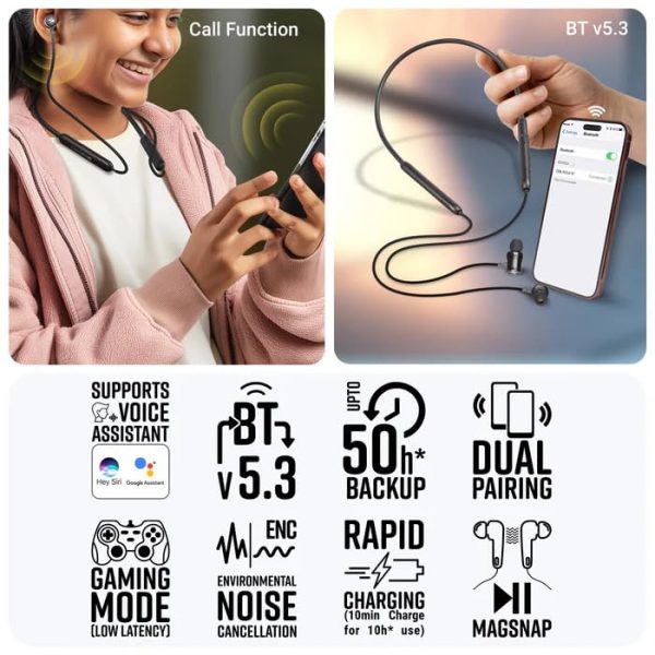 ZEBRONICS Zeb Yoga 111 EQ Mode UP to 50 Hour Backup ENVIROMENTAL Voice Cancellation Voice ASSISANT Support Type -C Charging Volume & Media Control Gaming Mode Dual Pairing Call Function BT v5.3