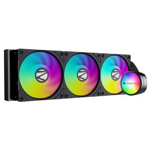 ZEBRONICS AIO360AB - 360mm AIO Liquid Cooler with Support Up To LGA1700 / AM5 sockets, Anti Leak Design, ARGB sync, Braided Tubing, Fan controller with Remote control (Black)