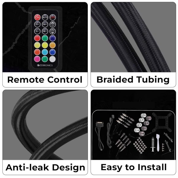 ZEBRONICS AIO360AB - 360mm AIO Liquid Cooler with Support Up To LGA1700 / AM5 sockets, Anti Leak Design, ARGB sync, Braided Tubing, Fan controller with Remote control (Black)