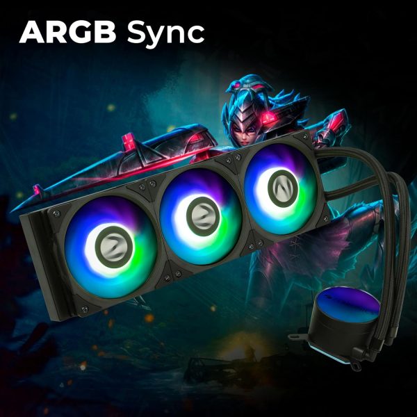 ZEBRONICS AIO360AB - 360mm AIO Liquid Cooler with Support Up To LGA1700 / AM5 sockets, Anti Leak Design, ARGB sync, Braided Tubing, Fan controller with Remote control (Black)