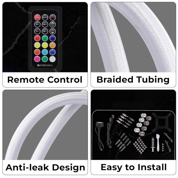 ZEBRONICS AIO360AW - 360mm AIO Liquid Cooler with Support Up To LGA1700 / AM5 sockets, Anti Leak Design, ARGB sync, Braided Tubing, Fan controller with Remote control (White)