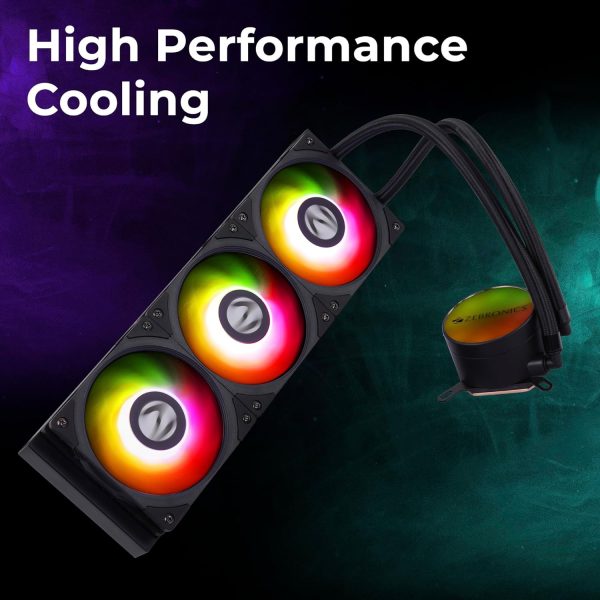 ZEBRONICS AIO360AB - 360mm AIO Liquid Cooler with Support Up To LGA1700 / AM5 sockets, Anti Leak Design, ARGB sync, Braided Tubing, Fan controller with Remote control (Black)