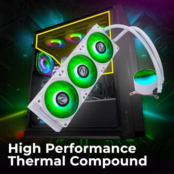 ZEBRONICS AIO360AW - 360mm AIO Liquid Cooler with Support Up To LGA1700 / AM5 sockets, Anti Leak Design, ARGB sync, Braided Tubing, Fan controller with Remote control (White)