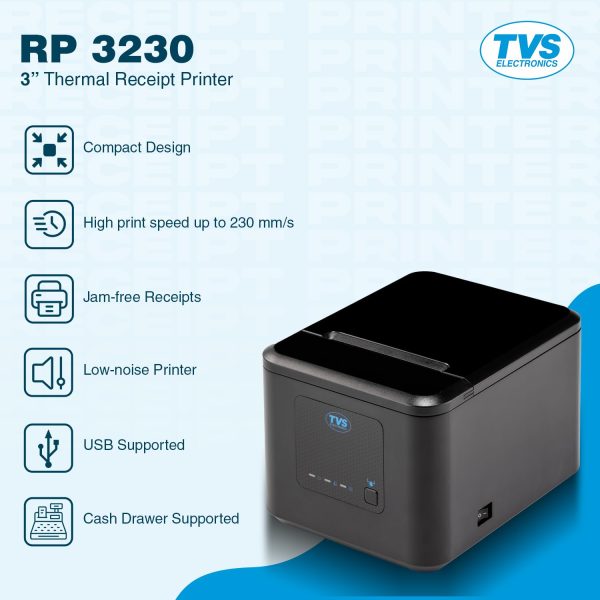 TVS ELECTRONICS RP 3230 3" Receipt Printer | 203 DPI High Resolution | 230mm/s Printer Speed | USB Type-B, Ethernet, Serial, Cash Drawer