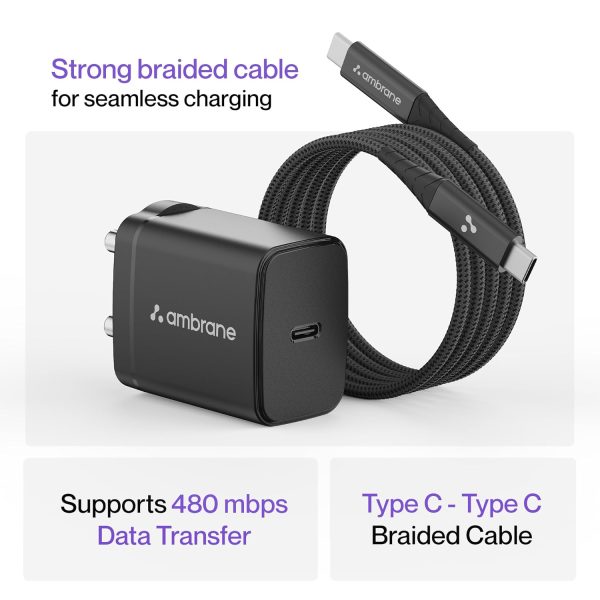 Ambrane 25W Mobile Charger Adapter Charging Cable | Fast Charging for Samsung Smartphones, iPhone 15/14/13/12/11/X & Pro Series & Other Type-C Devices (Charge 25, Black)