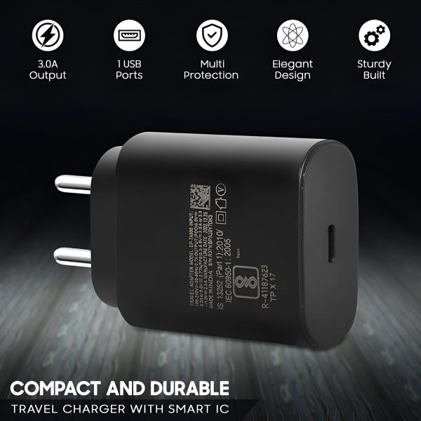 Samsung 25W Fast Charging Adapter with 1M Type C to C Cable Compatible with Galaxy S25, S25 Plus, A16, A06, M05, M15, F15, F05, Z fold/flip,6,5,4,3 & Other Type C Devices, Superfast Charger, Black