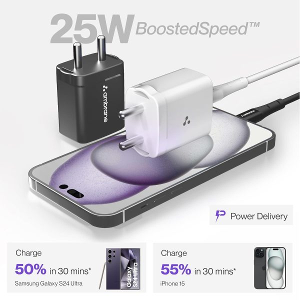 Ambrane 25W Mobile Charger Adapter Charging Cable | Fast Charging for Samsung Smartphones, iPhone 15/14/13/12/11/X & Pro Series & Other Type-C Devices (Charge 25, Black)