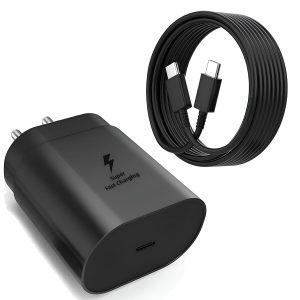 Samsung 25W Fast Charging Adapter with 1M Type C to C Cable Compatible with Galaxy S25, S25 Plus, A16, A06, M05, M15, F15, F05, Z fold/flip,6,5,4,3 & Other Type C Devices, Superfast Charger, Black