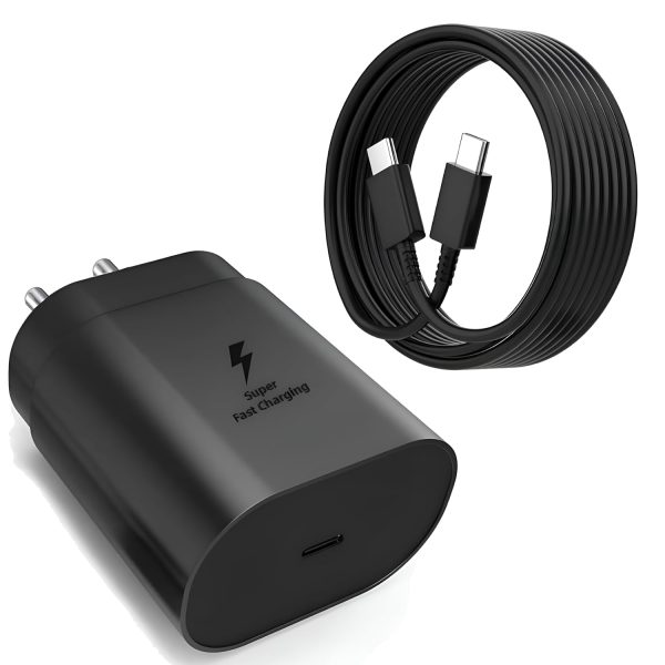 Samsung 25W Fast Charging Adapter with 1M Type C to C Cable Compatible with Galaxy S25, S25 Plus, A16, A06, M05, M15, F15, F05, Z fold/flip,6,5,4,3 & Other Type C Devices, Superfast Charger, Black