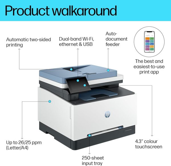 HP Color LaserJet Pro MFP 3303sdw - Print, Copy, Scan; Wireless, Two-sided printing, 250-sheet input tray; Print speed up to 25 ppm (black) and 25 ppm (color)